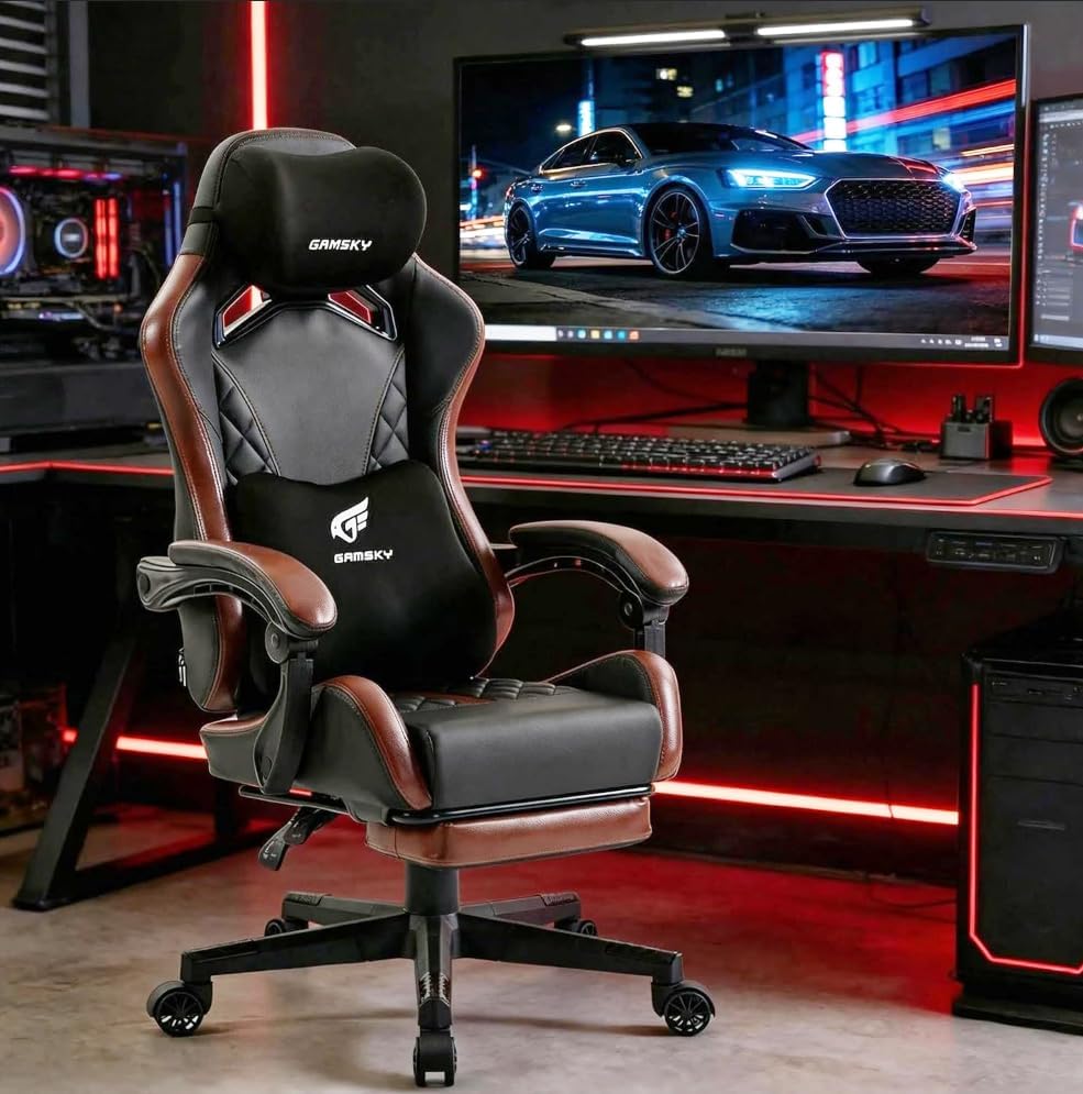 Ergonomic Gaming Chair for Adults with Footrest - PU Leather Computer Gamer Chair with Memory Foam Headrest & Lumbar Pillow, Reclining Silla Gamer Video Game Chair for Home Office, Black & Brown