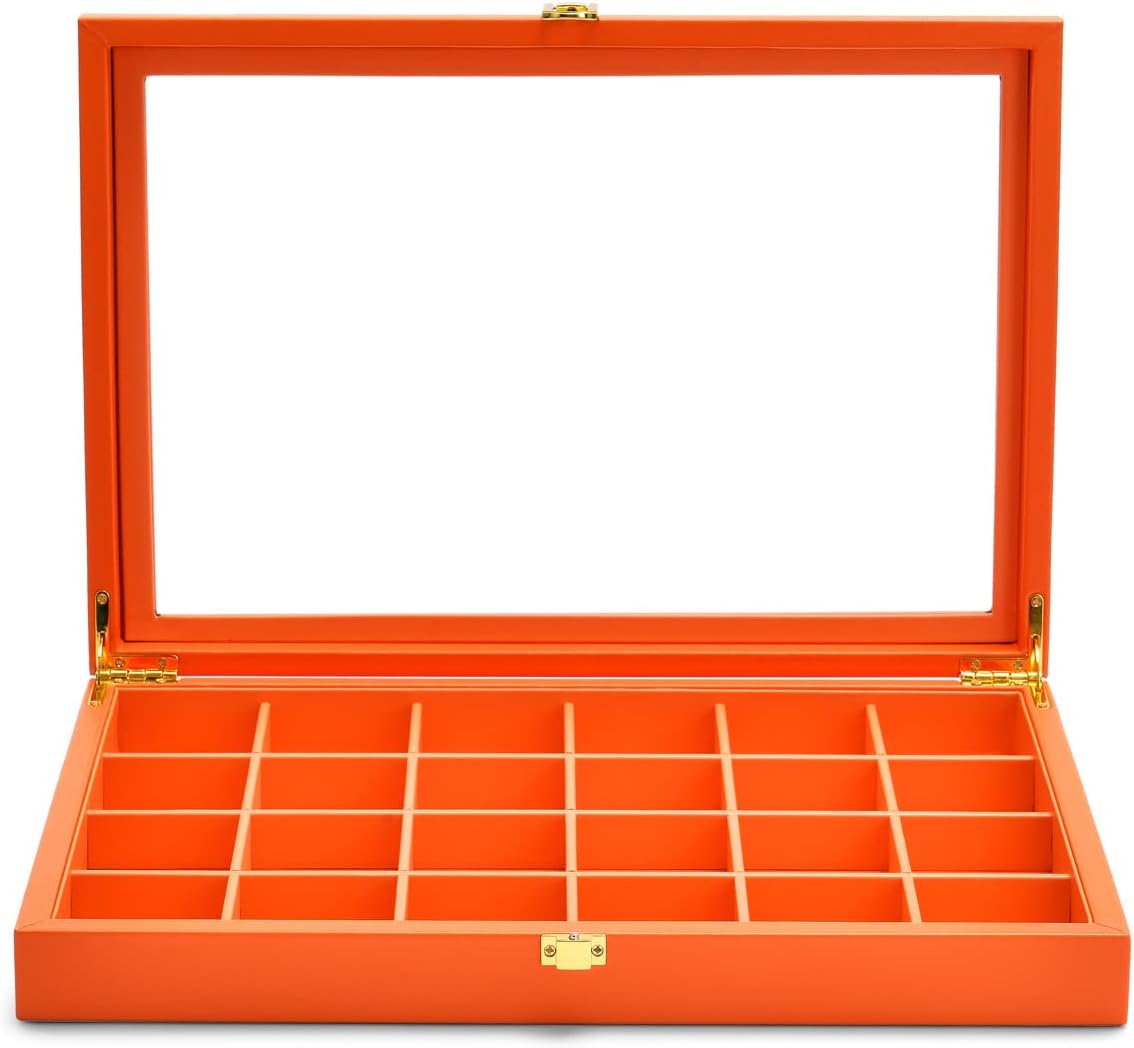 Oirlv 24 Grid Premium Leather Jewelry Organizer Tray with Transparent Lid Jewelry Display Case Drawer Insert Rings Earrings Holder