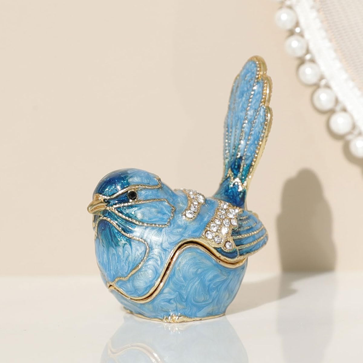 Exquisite Hand - Painted Enamel Blue Bird Trinket Box Hinged Rhinestone - Adorned Mini Jewelry Organizer for Rings & Necklaces, Ideal Classical Home Decor & Collectible Keepsake (Trinket Box-B)
