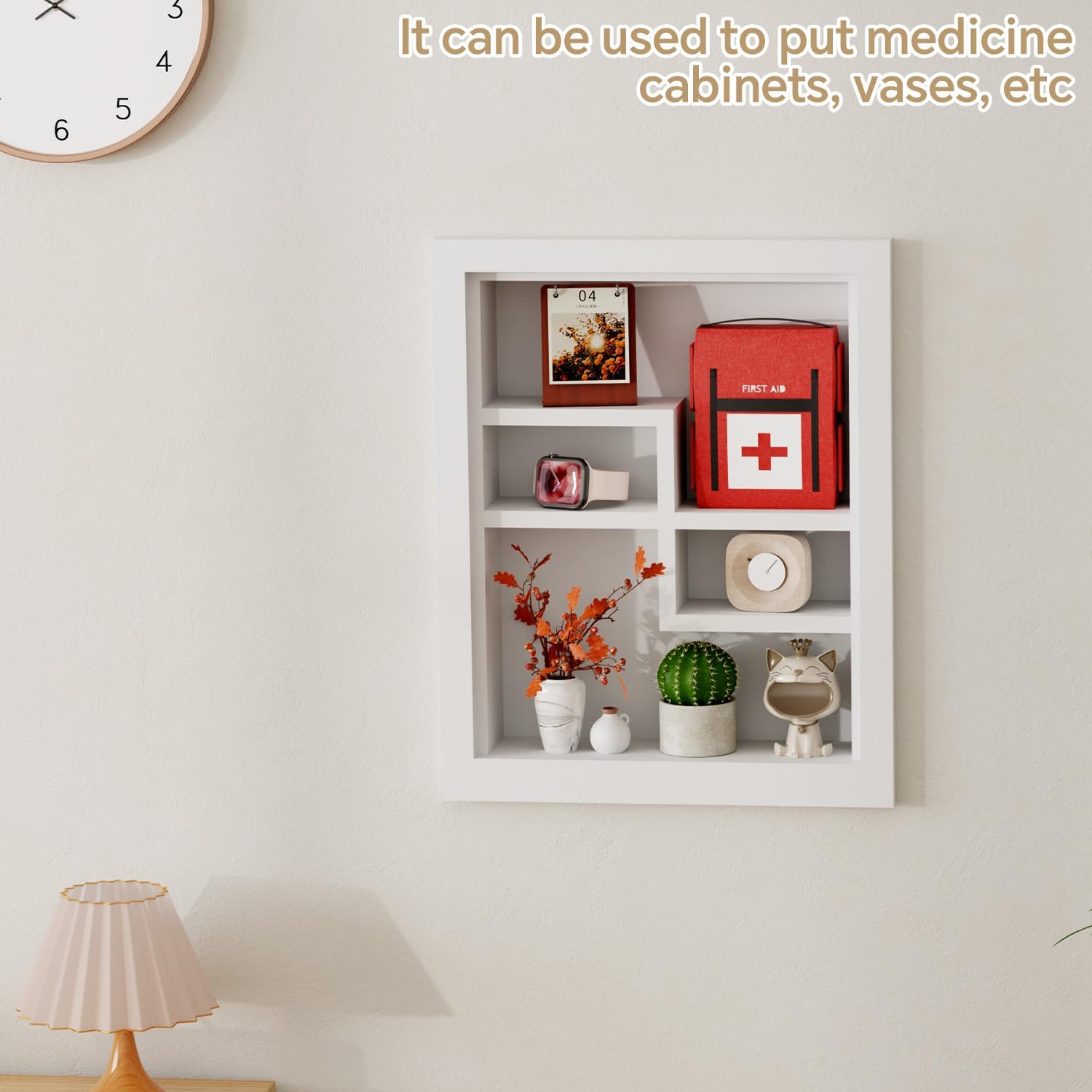 Solid Wood 14 X 18 Recessed Medicine Cabinet,2-Tier, Medicine Cabinet Organizer,Wall Niche, Bathroom Wall Cabinet, Recessed Bathroom Cabinet, Bathroom Cabinet with Storage White