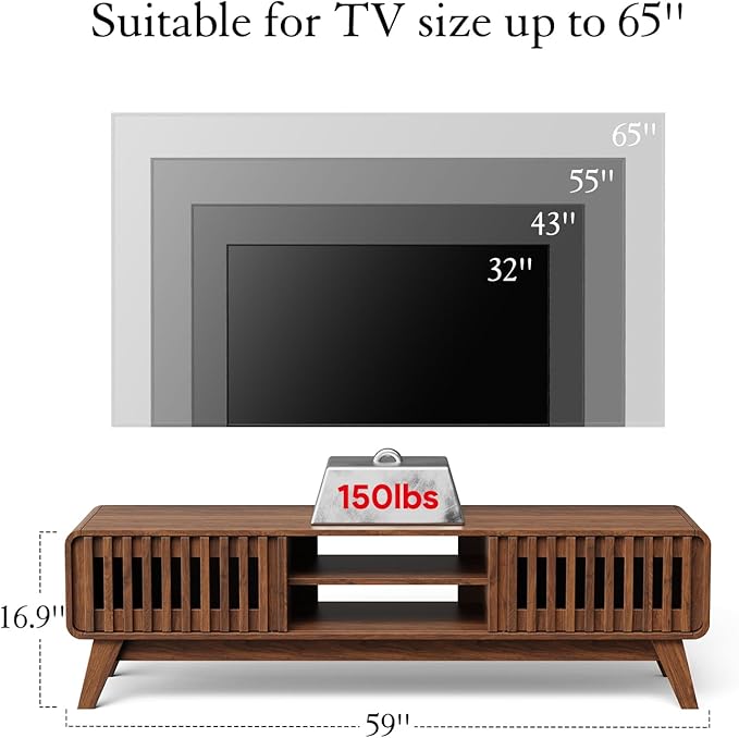 59" TV Stand for 55/60/65 inch TV, 2 Cabinets Mid Century Modern TV Stand, Wood Entertainment Center with Storage, TV and Media Console for Living Room, Bedroom, Office (Walnut)