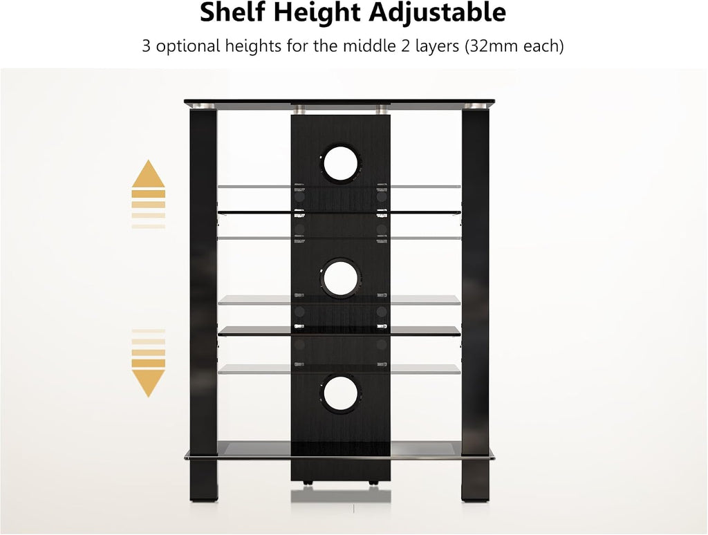 FITUEYES 4-Tier AV Media Cabinet Stand Component Cabinet, Gaming TV Stand and Stereo Rack Audio Tower with Height Adjustable Tempered Glass Shelves, AS406003GB