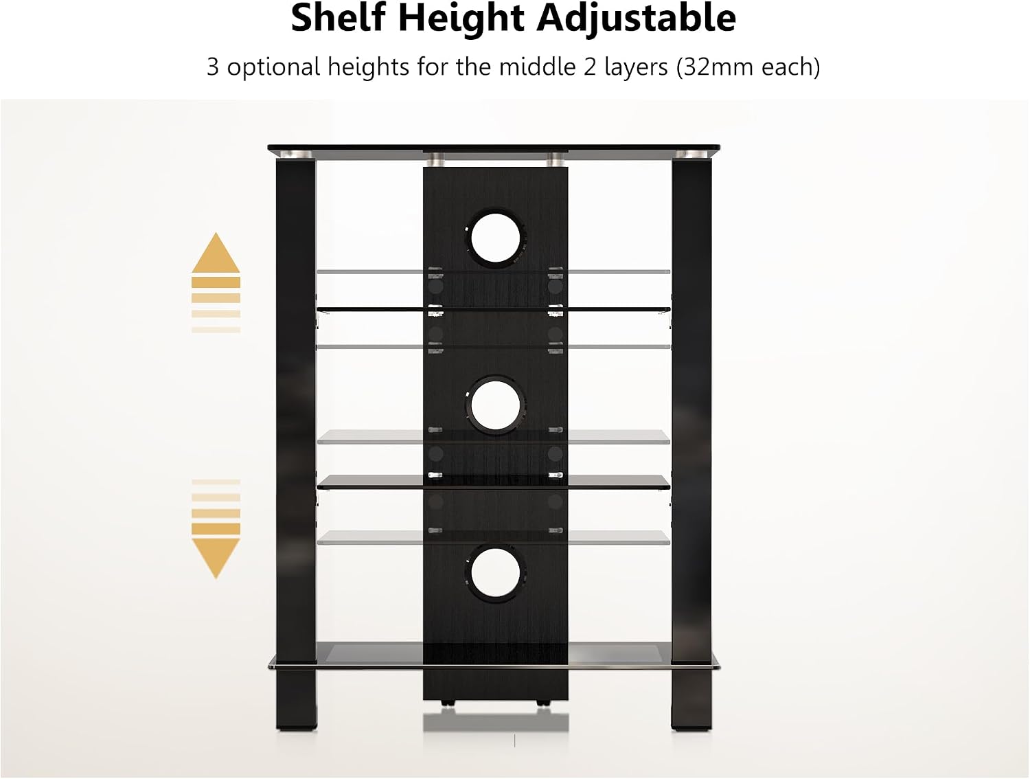 FITUEYES 4-Tier AV Media Cabinet Stand Component Cabinet, Gaming TV Stand and Stereo Rack Audio Tower with Height Adjustable Tempered Glass Shelves, AS406003GB