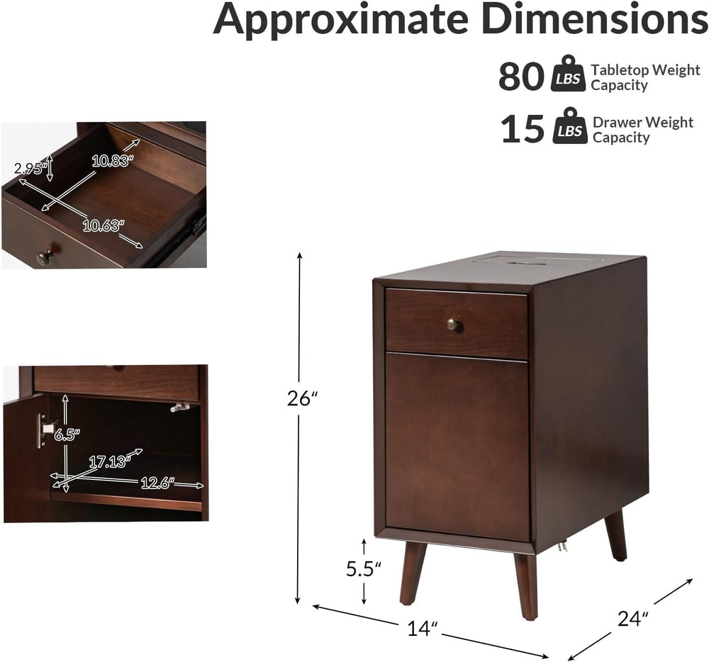 Mid Century Modern End Table with Charging Station, Wooden Side Table with US...