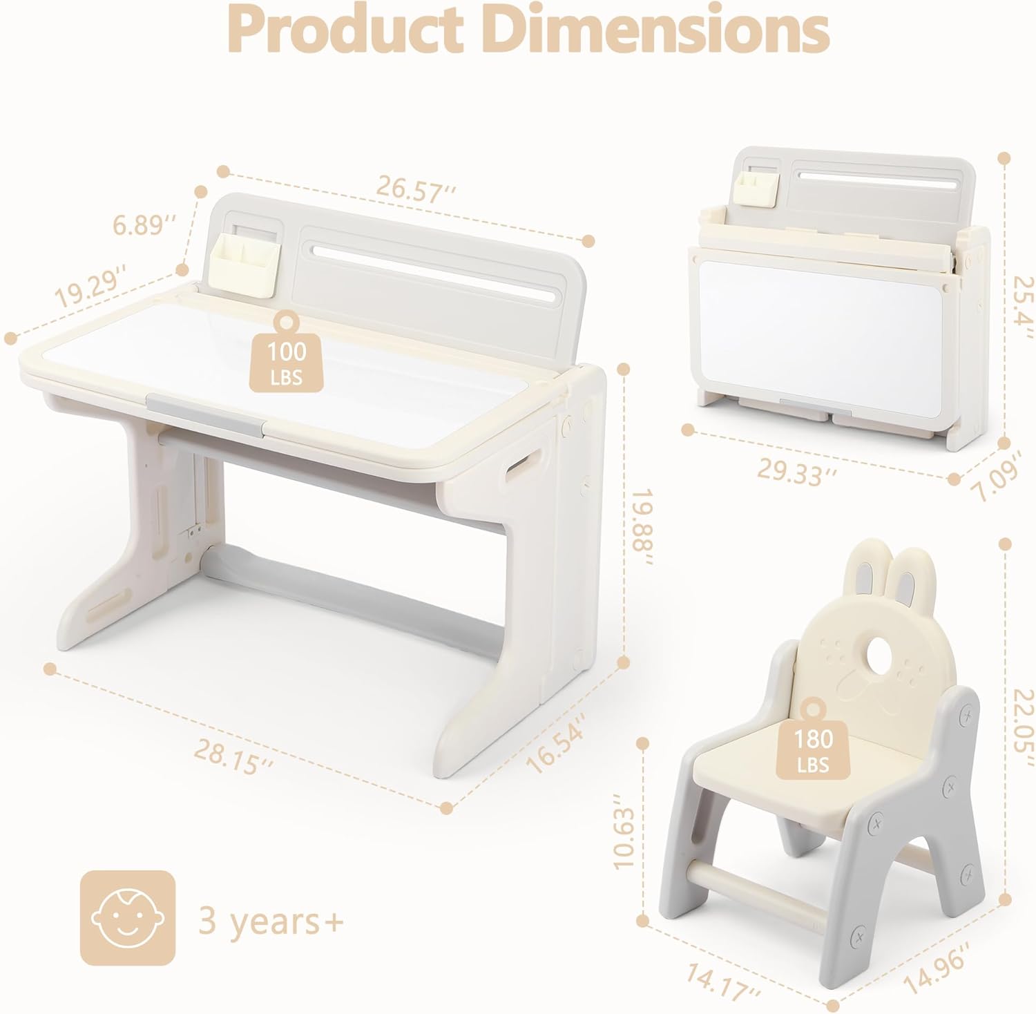 Kinder King Kids Table & Chair Set, Folding Children Activity Table w/Tilt Tabletop, Graffiti & Building Blocks, Book Stand, Storage, Toddler Furniture Set for Classroom, Daycare, Home, Age 3+, Beige