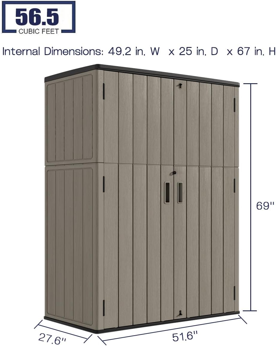 KINYING Outdoor Vertical Storage Shed,57 Cu.ft Outdoor Storage Cabinet Waterproof,Resin Sheds & Outdoor Storage Clearance for Garden,Patio,Backyard,Lockable (Brown)