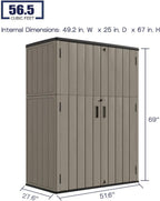 KINYING Outdoor Storage Cabinet Waterproof, 57 Cu.ft Resin Vertical Outdoor Storage Shed for Patio Furniture, Garden Tools, Pool Accessories, Mower Storage (Brown)