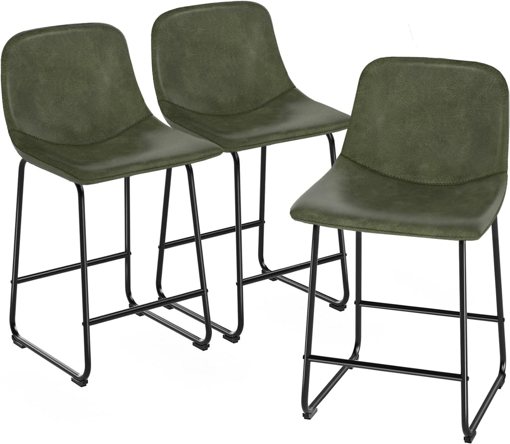 TAVR Counter Height Stools Set of 3, 24 inch Barstools Hold up to 500 lbs | Armless Faux Leather Bar Stools with Sturdy Alloy Steel Legs & Soft Backrest for Kitchen Island, Coffee Shop, Green