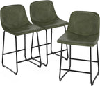 TAVR Counter Height Stools Set of 3, 24 inch Barstools Hold up to 500 lbs | Armless Faux Leather Bar Stools with Sturdy Alloy Steel Legs & Soft Backrest for Kitchen Island, Coffee Shop, Green