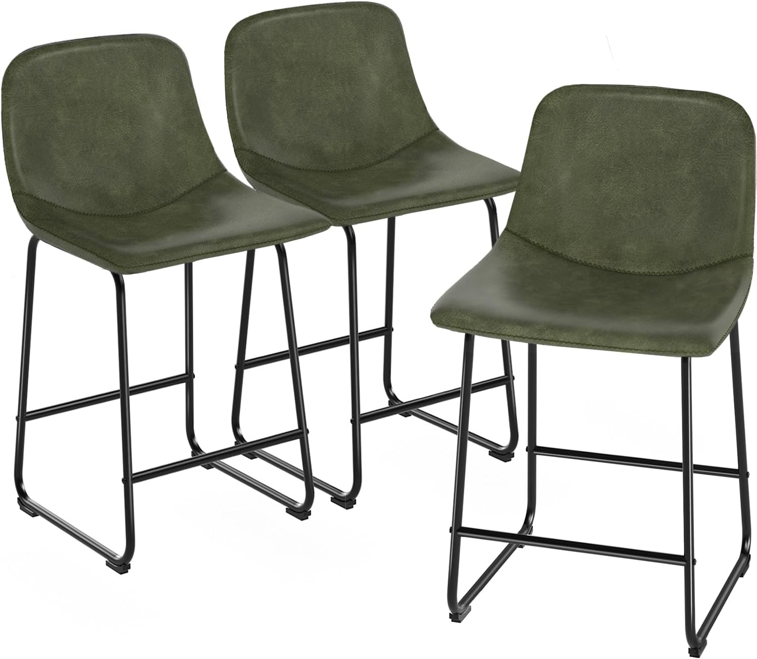 TAVR Counter Height Stools Set of 3, 24 inch Barstools Hold up to 500 lbs | Armless Faux Leather Bar Stools with Sturdy Alloy Steel Legs & Soft Backrest for Kitchen Island, Coffee Shop, Green