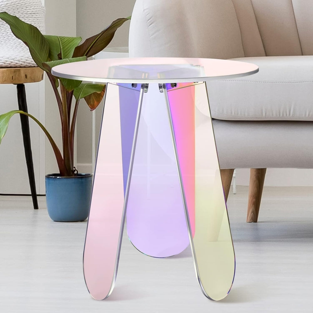 Round Acrylic Side Table Modern Rainbow Iridescent Accent Table Night Stand V...
