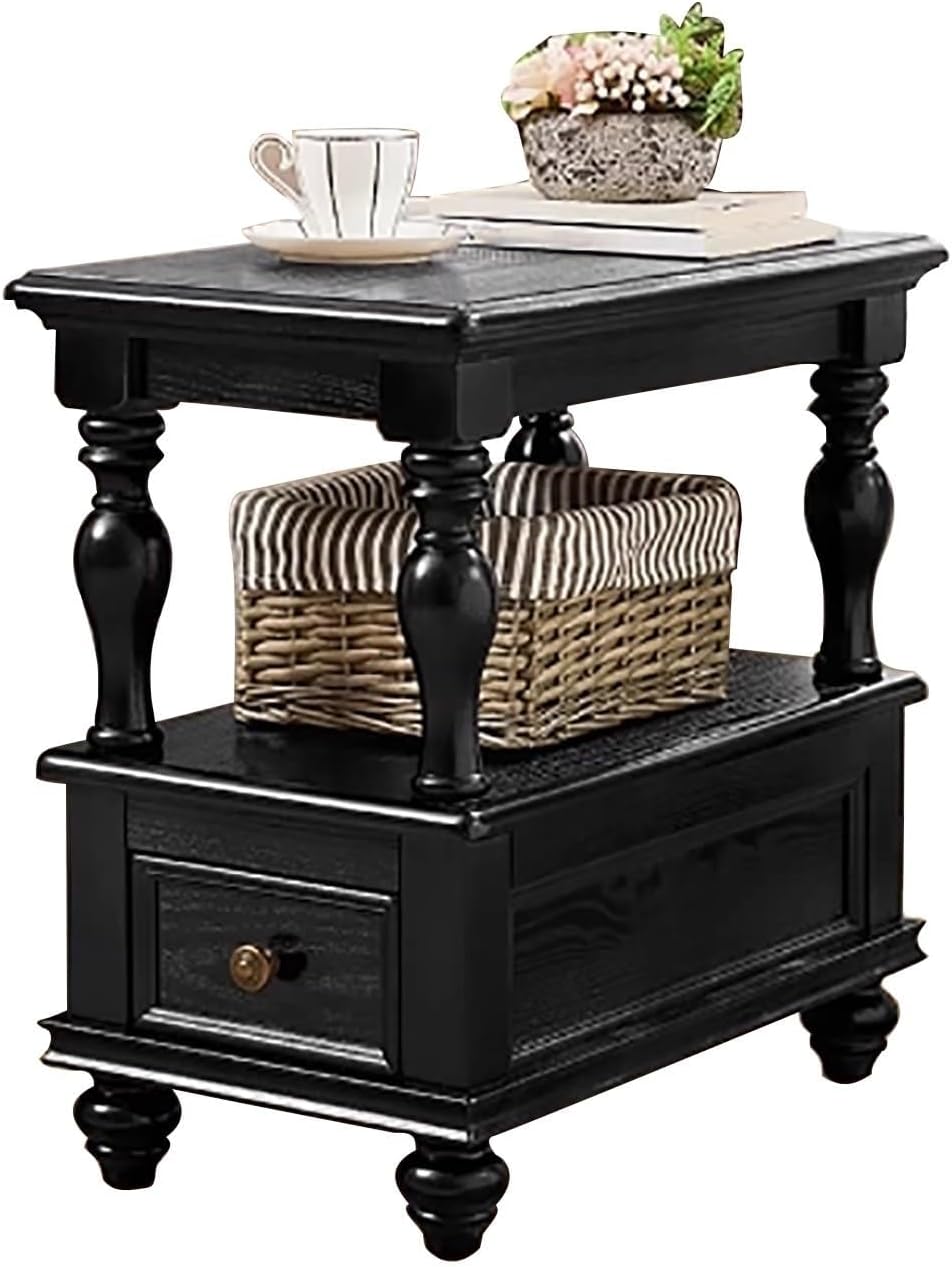 Narrow End Table with Drawer and Storage Shelf Solid Wood Slim Rectangular So...