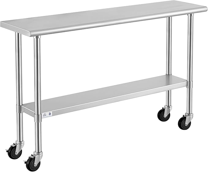 ROCKPOINT Stainless Steel Table for Prep & Work with Caster Wheels 14x60 Inches, NSF Metal Commercial Kitchen Heavy Duty Table with Adjustable Under Shelf and Table Foot for Restaurant, Home and Hotel