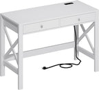 ChooChoo Computer Desk with USB Charging Ports and Power Outlets, 39" White Desk with Drawers, Small Study Writing Table with Stable X Frame for Home Office