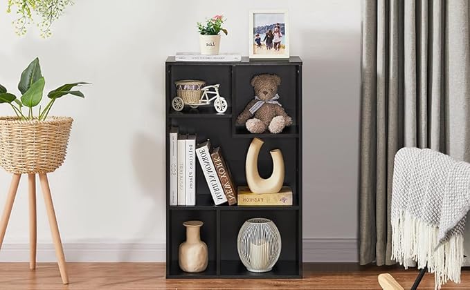 VECELO Modern Bookshelf, 5 Cube Shelf, Fits Tallest Hardcovers, Horizontal Available, Storage Organzier for Home Office, Matte Black
