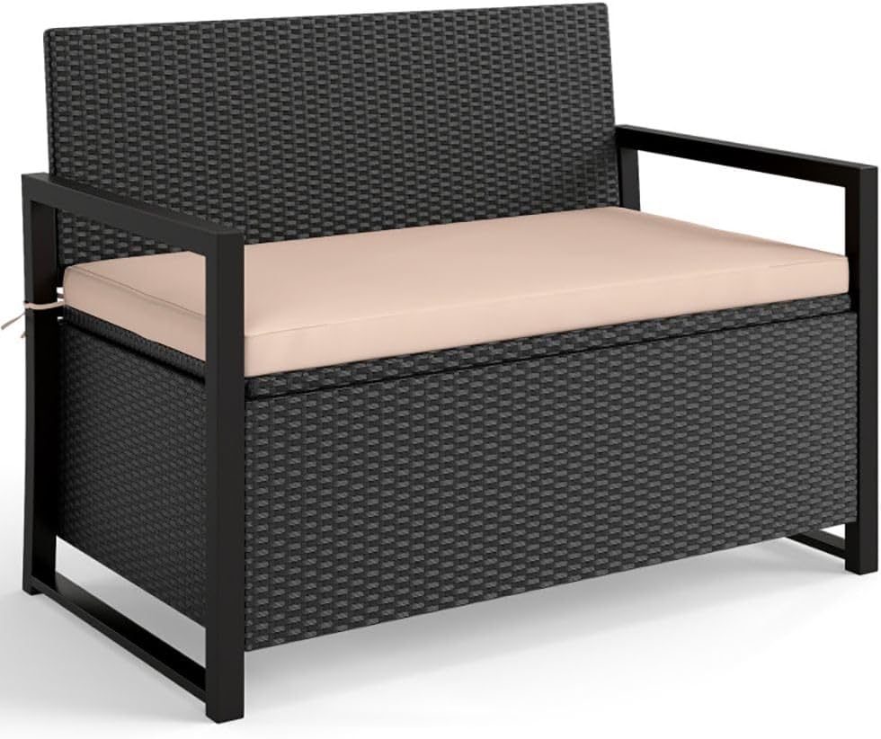 PE Rattan Outdoor Storage Loveseat Brown UV-Resistant Woven Rattan Pattern, 4...