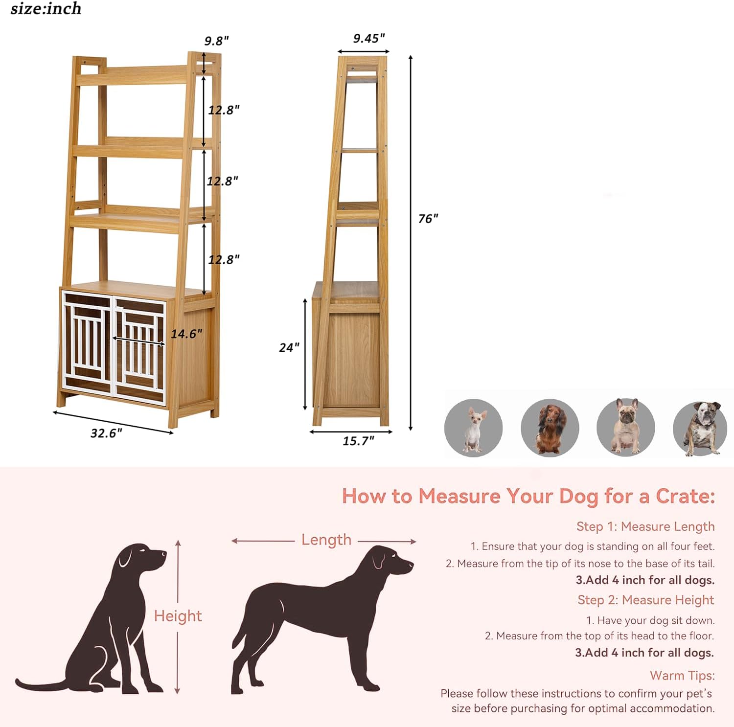 2 in 1 Dog Furniture Dog Crate Ladder Bookshelf, Tall Wood Display Shelf with Storage, Dog Kennel Bookcase for Small Sized Dogs up to 50lbs, 32.5" L