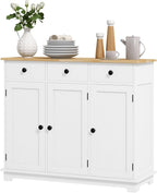 Sideboard with Solid Wood Countertop, Modern Kitchen Storage Cabinet, Coffee Bar Cabinet with 3 Drawers, Doors and Adjustable Shelf, Distressed White,for Kitchen
