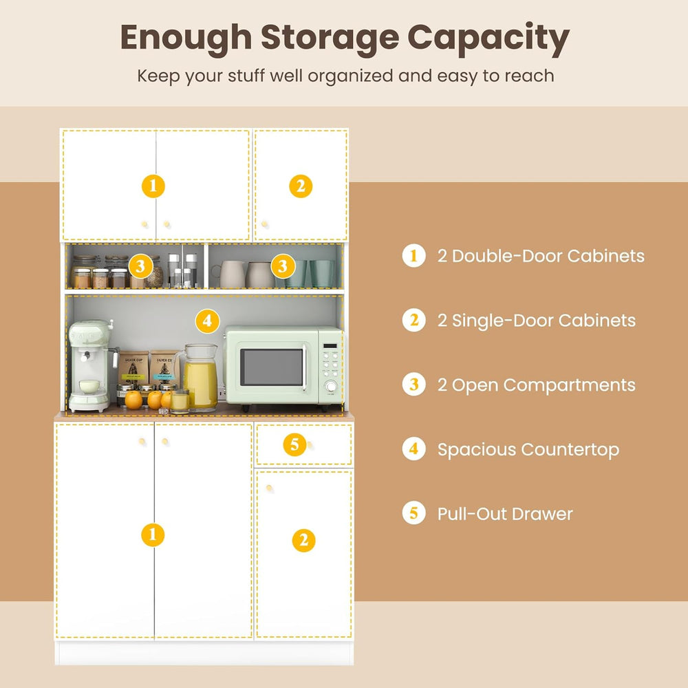 71" Tall Kitchen Hutch, Modern Pantry Storage Cabinet with Power Outlets...
