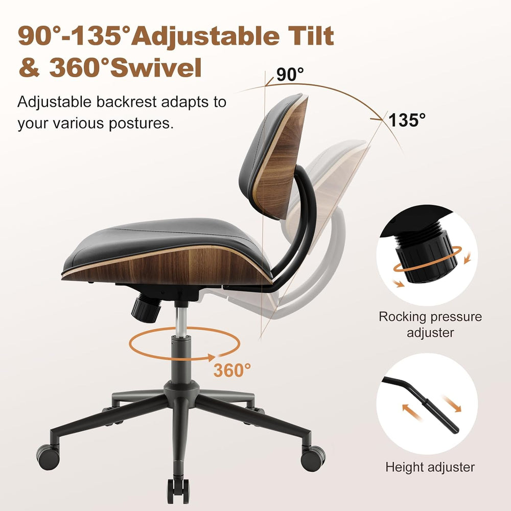 Armless Office Chair with Wheels, PU Leather Desk Chair, Black | Adjustable H...