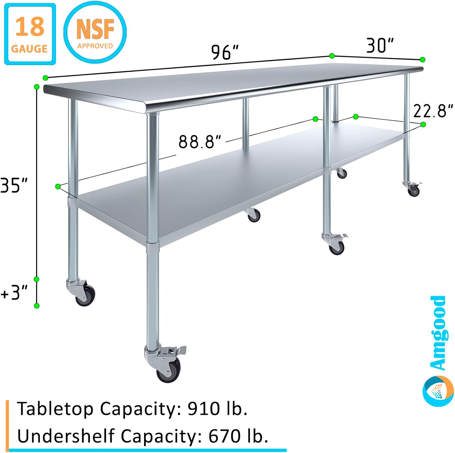 AmGood 96" Long x 30" Deep Stainless Steel Table with Casters