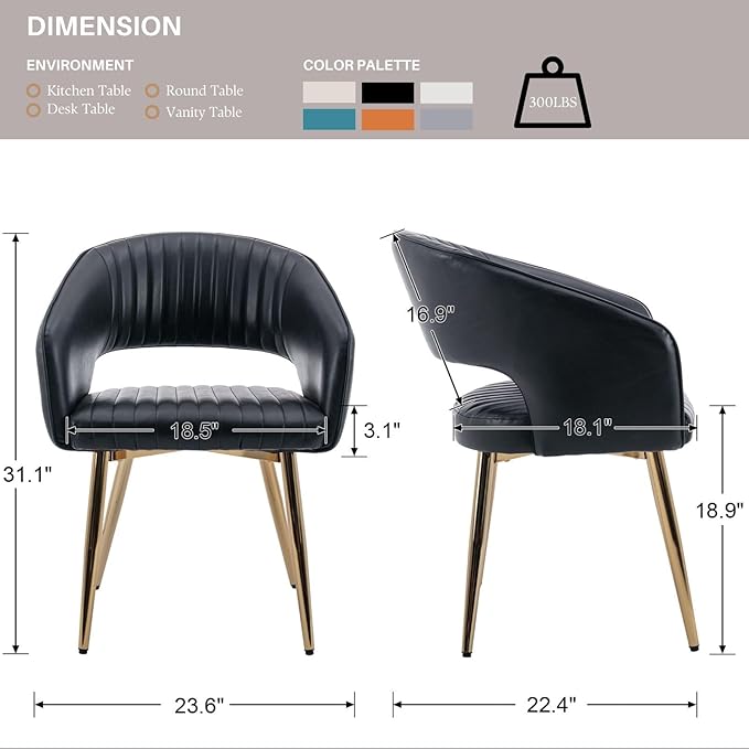 Faux Leather Dining Chairs Gold Legs, Modern Black PU Leather Dining Room Chairs with Arms Set of 6 Upholstered Accent Chair Armchair with Barrel Back for Kitchen Living Room