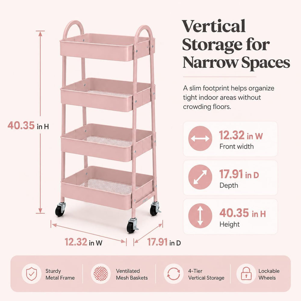 Simple Deluxe 4-Tier Rolling Utility Cart, Metal, 12.32 x 17.91 x 40.35, Pink...
