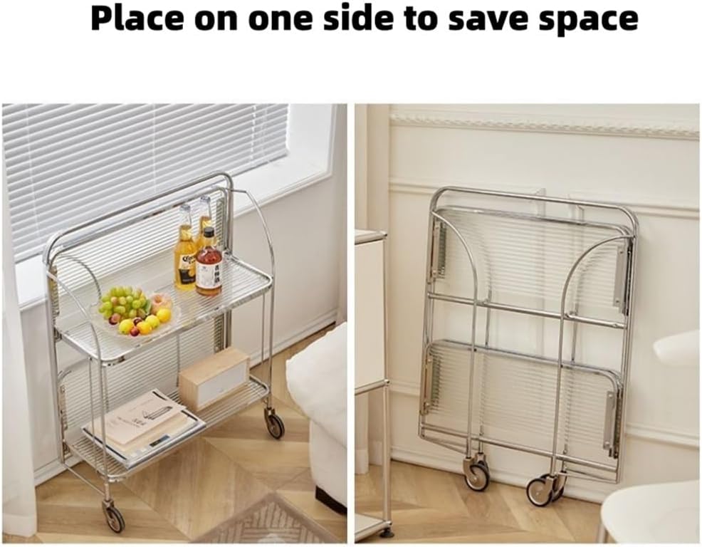 Folding Side Table with Tempered Glass Top, Double Layer Minimalist Rolling C...