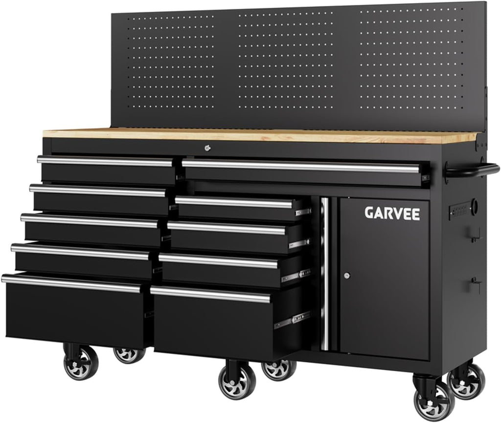 Garvee 60 in Rolling Tool Chest, 10 Drawers Mobile Garage Tool Cabinet | Heavy Duty 1750 LBS Load Workbench with Pegboard & Charging Station for Workshop, Black