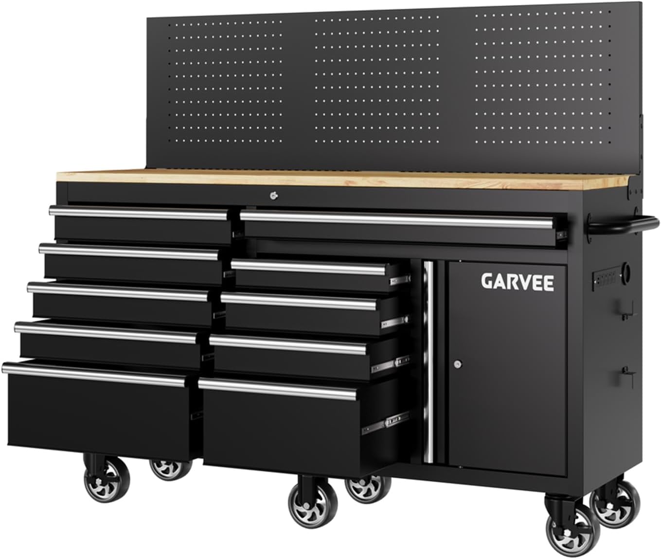 Garvee 60 in Rolling Tool Chest, 10 Drawers Mobile Garage Tool Cabinet | Heavy Duty 1750 LBS Load Workbench with Pegboard & Charging Station for Workshop, Black