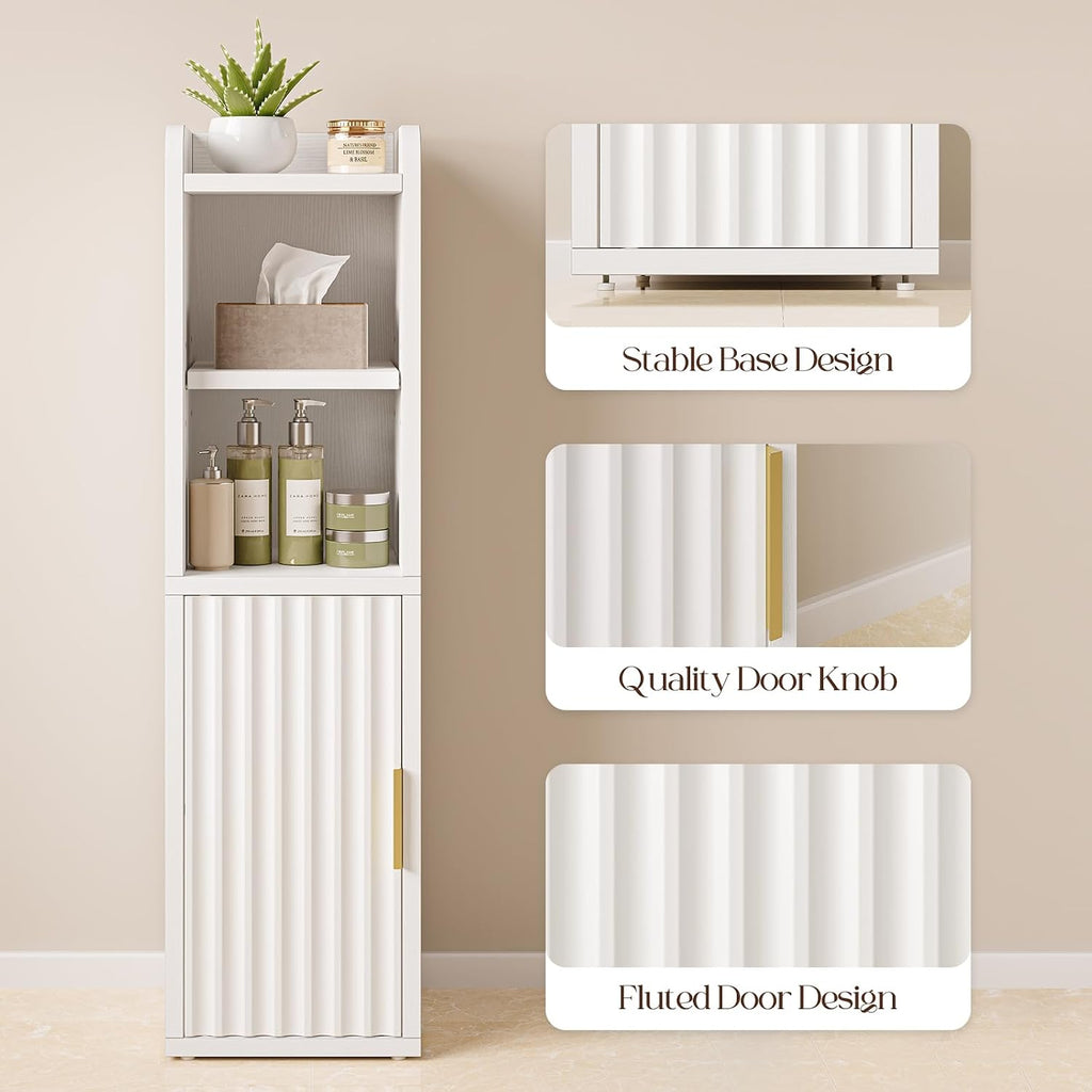 Yoobure Fluted Small Bathroom Storage Cabinet, Narrow Toilet Paper Cabinets | 7.9" D x 7.9" W, Wood Slim Corner Floor Cabinet with Door& Adjustable Shelf, Skinny Bathroom Organizer for Small Spaces,White