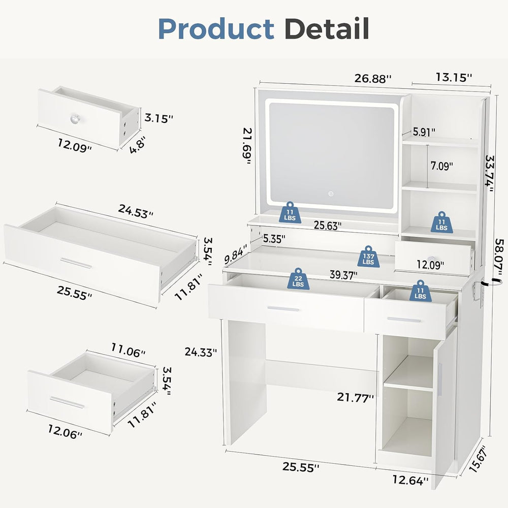 DUMOS Makeup Vanity Desk with Mirror and Lights, Storage Shelves | Power Outl...