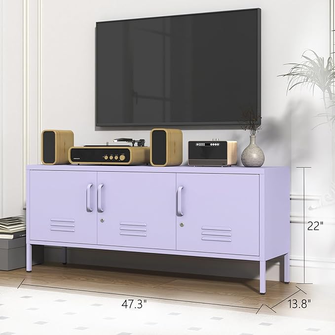 3 Door Lockable Metal TV Stand Storage Cabinet, Wide Heavy Duty Media Console for Large 100+ Inch TVs, Home Office Entertainment Center, Purple 22" H X 47.3" W X 13.8" D