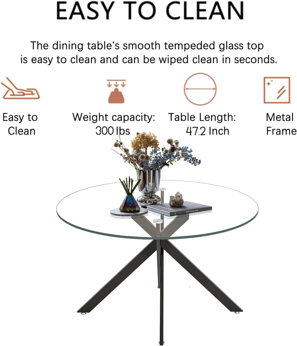 47" Round Glass Dining Table for 4-6, Circle Kitchen Table with Tempered...