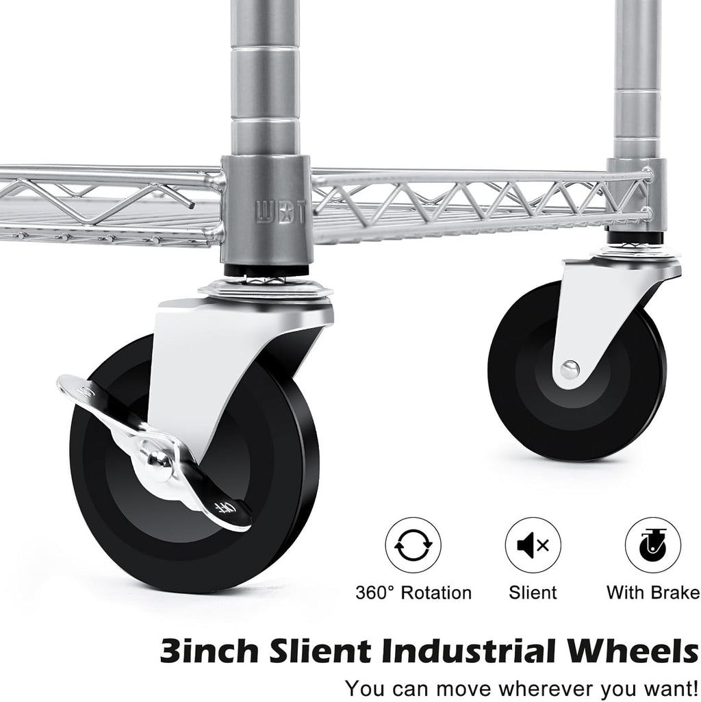 WDT Heavy Duty 3 Tier Utility Cart,Wire Rolling Carts with Wheels, Commercial Grade Service Cart with Shelving Liners and Handle Bar Metal Carts for Kitchen Office Hardware (750LBS Capacity Silver)