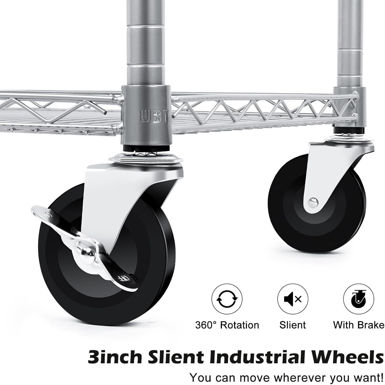 WDT Heavy Duty 3 Tier Utility Cart,Wire Rolling Carts with Wheels, Commercial Grade Service Cart with Shelving Liners and Handle Bar Metal Carts for Kitchen Office Hardware (750LBS Capacity Silver)
