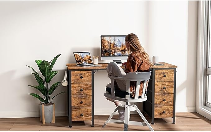 Office Desk with Fabric Drawers on Both Sides, 47 Inch Home Office Desk with 8 Fabric Drawers, Writing Study Work Computer PC Desks with Storage for Bedroom, Rustic Brown