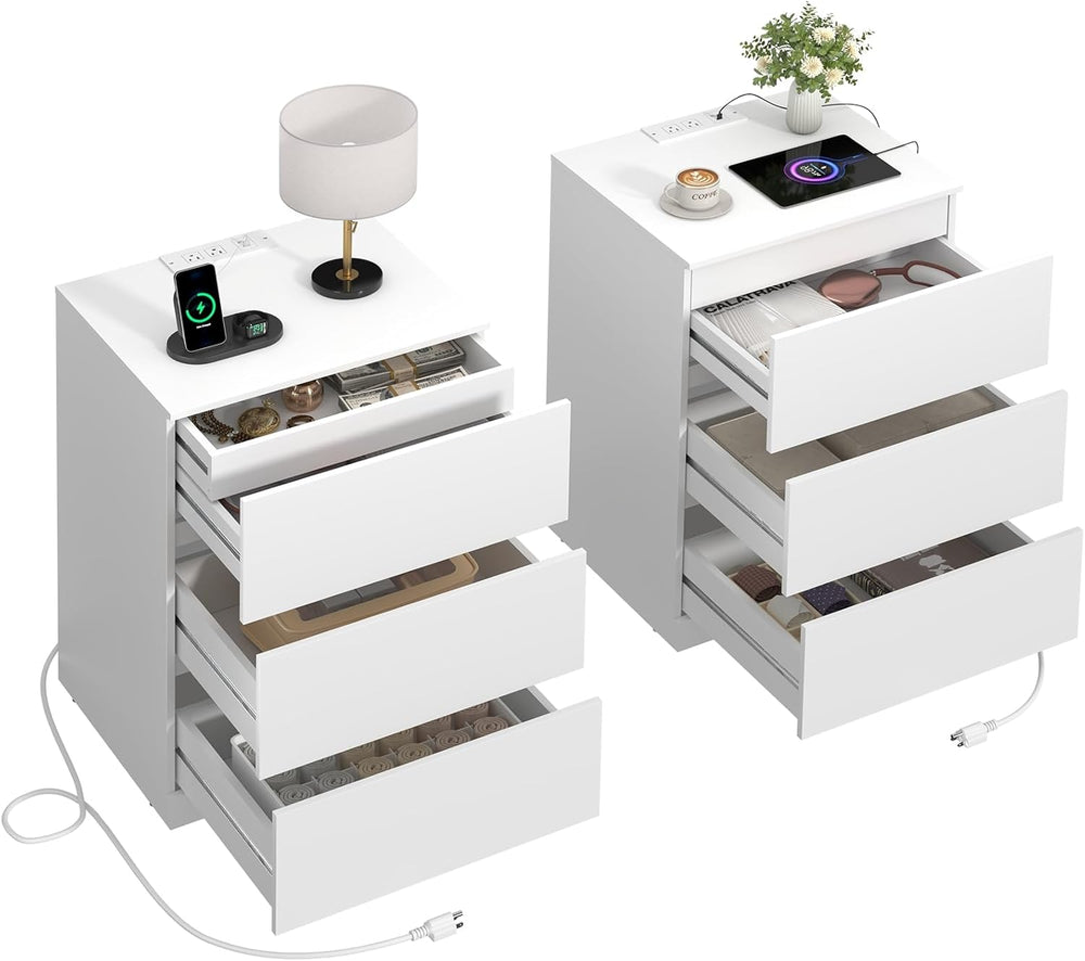 Nightstands Set of 2 with Charging Station and Hidden Drawer, 26"H, Whit...