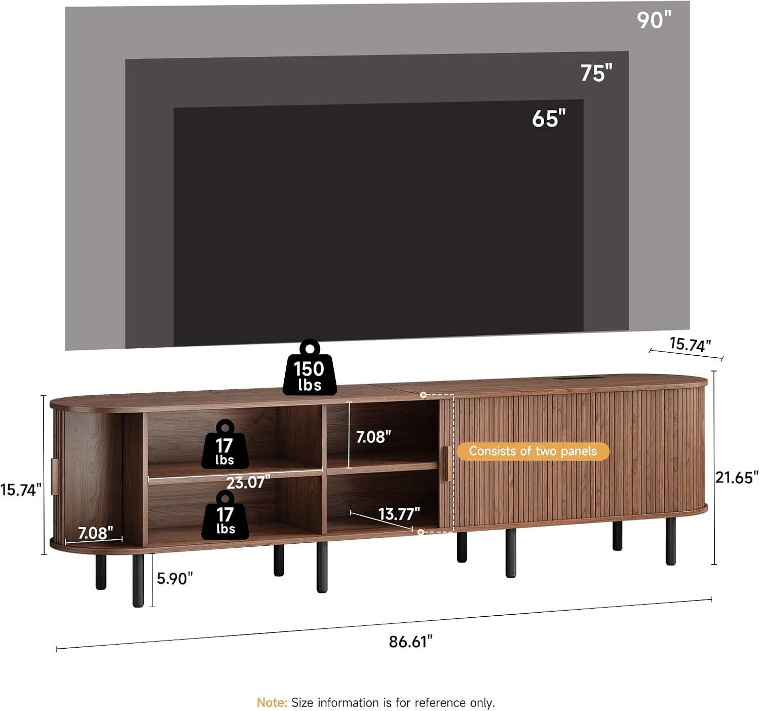 86.6" TV Stand with Power Outlet, Mid-Century Modern Television Stand, Fluted Media Console with Sliding Doors, Entertainment Center for TVs up to 90 Inch, Adjustable Shelves, Walnut