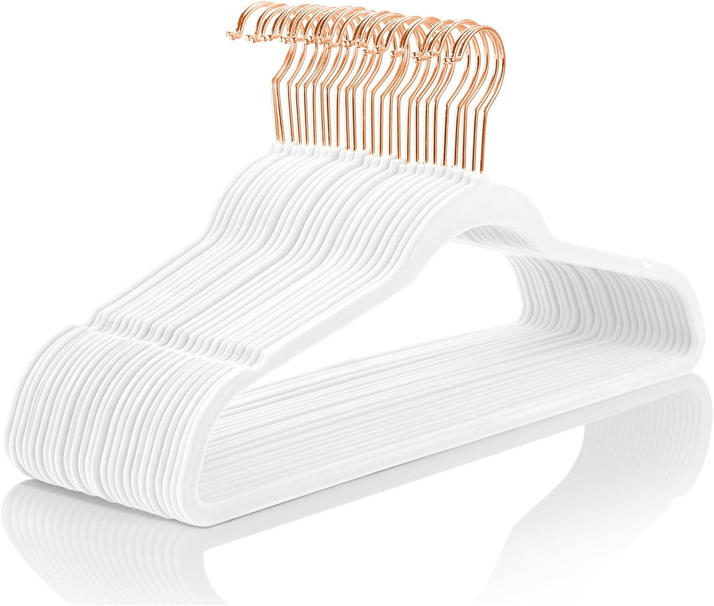 MIZGI Premium Velvet Hangers (30 Pack) Heavy Duty - Non Slip Velvet Suit Hanger White - Copper/Rose Gold Hooks,Space Saving Clothes Hanger (White)