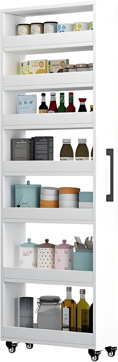 7-Tier Slim Storage Cart, Wooden Rolling Pantry Cabinet with Wheels, Narrow Shelf Organizer for Kitchen, Bakers Rack, Dining Room, Closet, Small Spaces Warm White 47.2" H*5.9" W*16.9" D