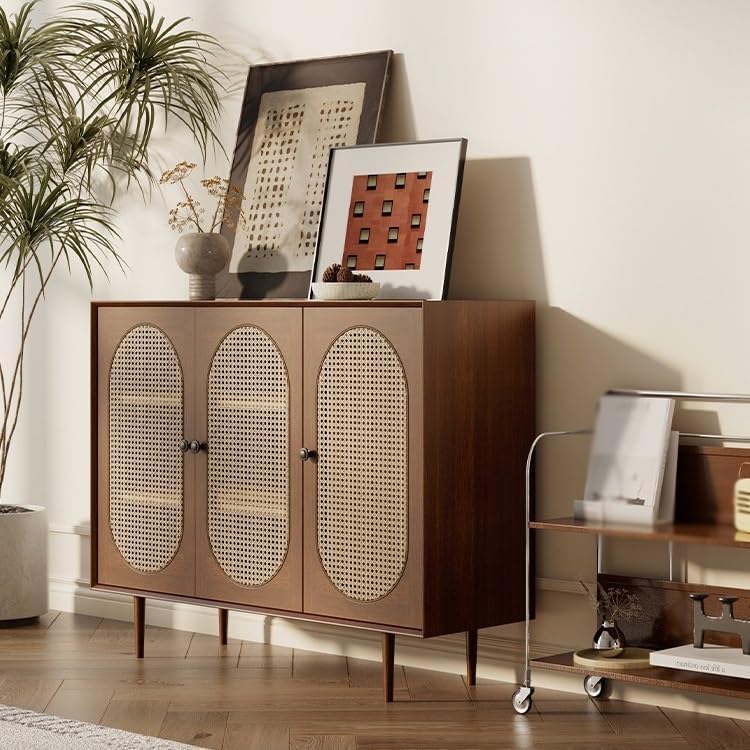 Entryway Cabinet Retro Rattan Sideboard Wall Kitchen Storage Cabinet Modern R...