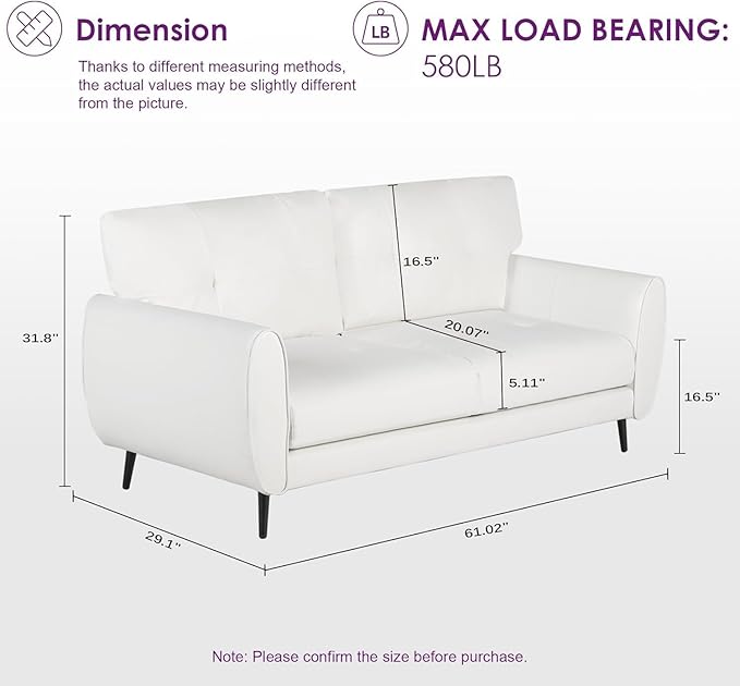 TYBOATLE 61" Loveseat Couches for Living Room, White Faux Leather Couch Mid Century Modern Tufted Mini Sofa Comfy Office 2 Seat Settee Love Seat Small Couches for Small Spaces Bedroom, White