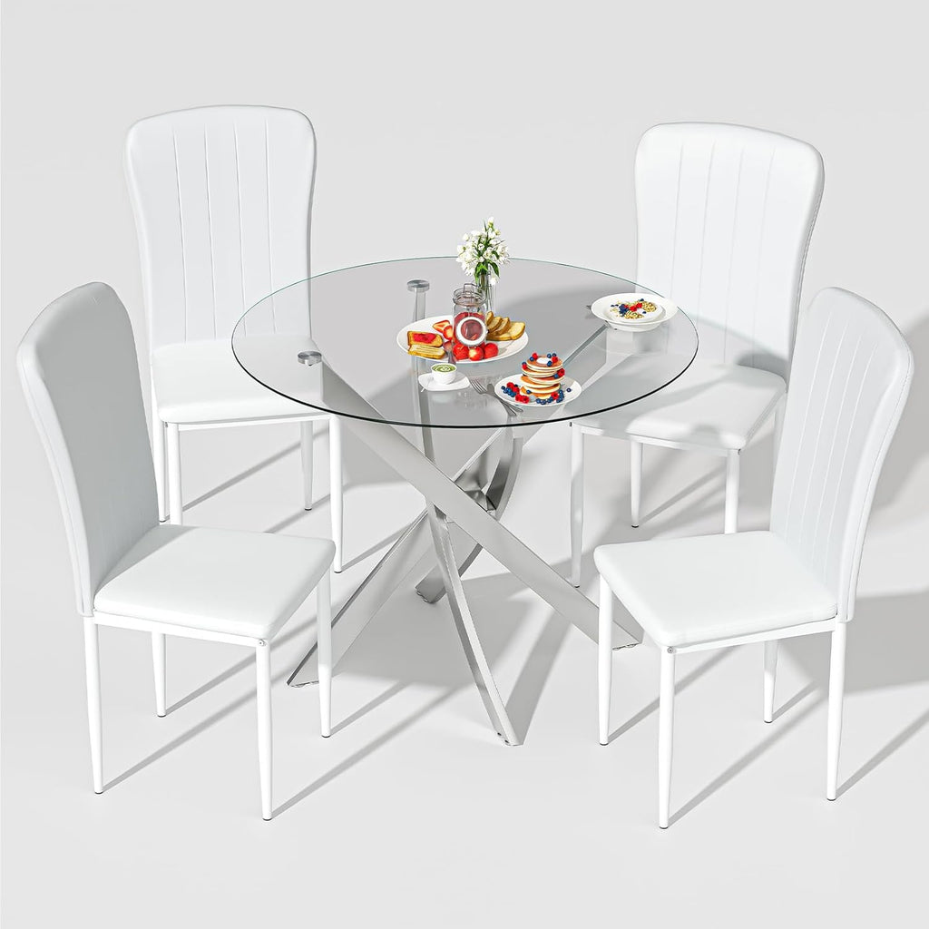 Glass Dining Table Set for 4, Modern Round Dining Room Table with Chairs, 5 Piece Kitchen Table and Chairs Set, for Living Room, Small Space (Include 4 White Chairs)