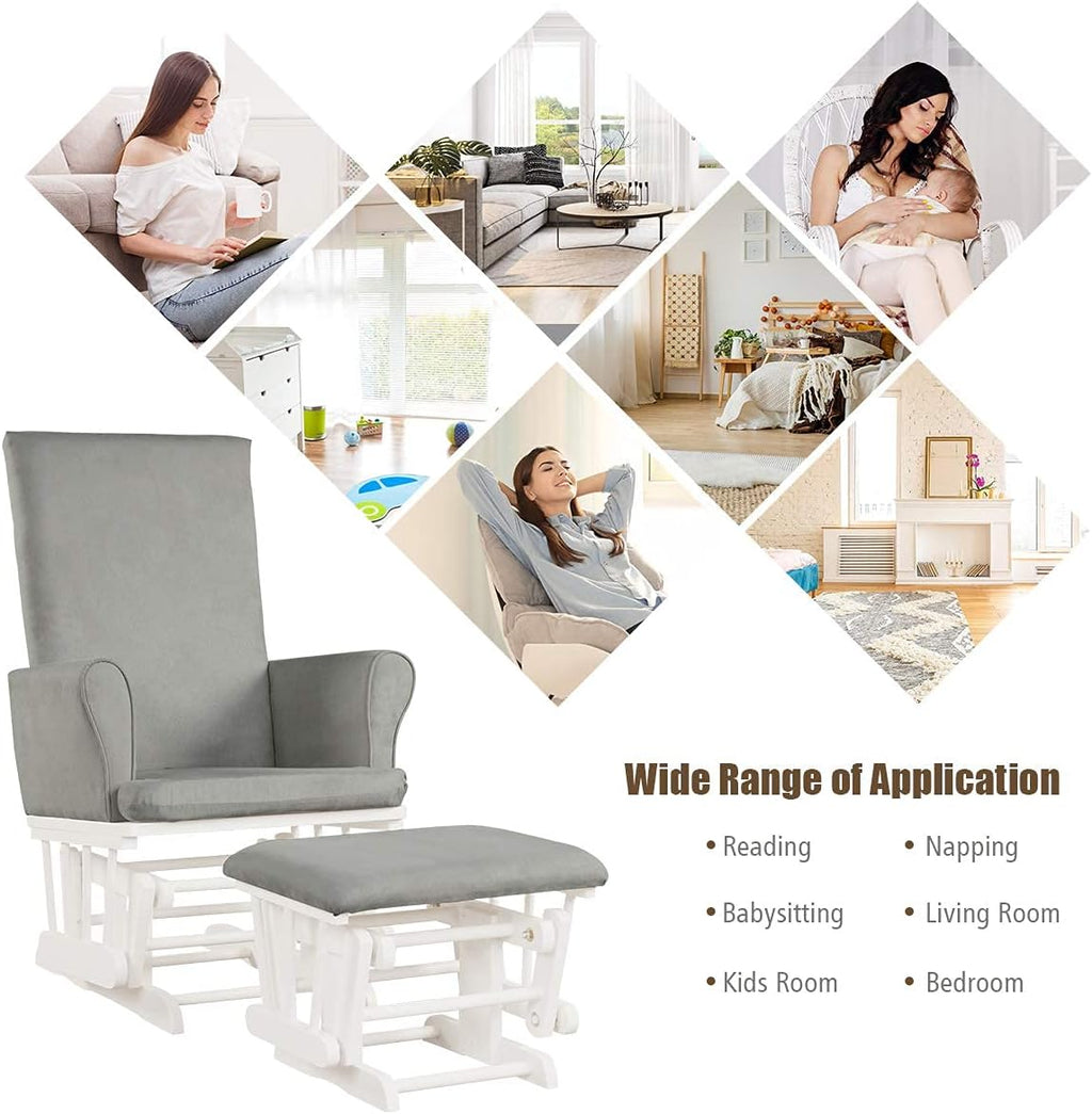 Costzon Baby Glider and Ottoman Cushion Set, Wood Baby Rocker Nursery Furniture for Napping, Nursing, Reading, Upholstered Hoop Glider & Ottoman Comfort Nursery Chair w/Padded Armrests (Gray)