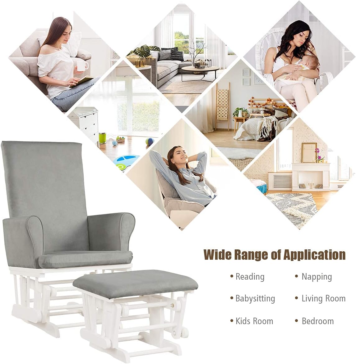Costzon Baby Glider and Ottoman Cushion Set, Wood Baby Rocker Nursery Furniture for Napping, Nursing, Reading, Upholstered Hoop Glider & Ottoman Comfort Nursery Chair w/Padded Armrests (Gray)