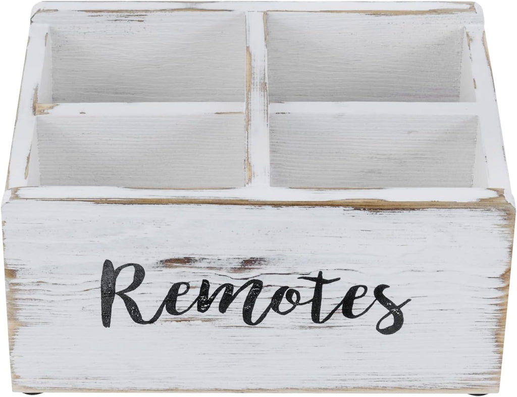 MyGift Wood Remote Control Holder Organizer with 4 Compartments, Media Remote Caddy Storage with Cursive REMOTES Design, Whitewashed