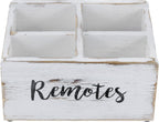 MyGift Wood Remote Control Holder Organizer with 4 Compartments, Media Remote Caddy Storage with Cursive REMOTES Design, Whitewashed
