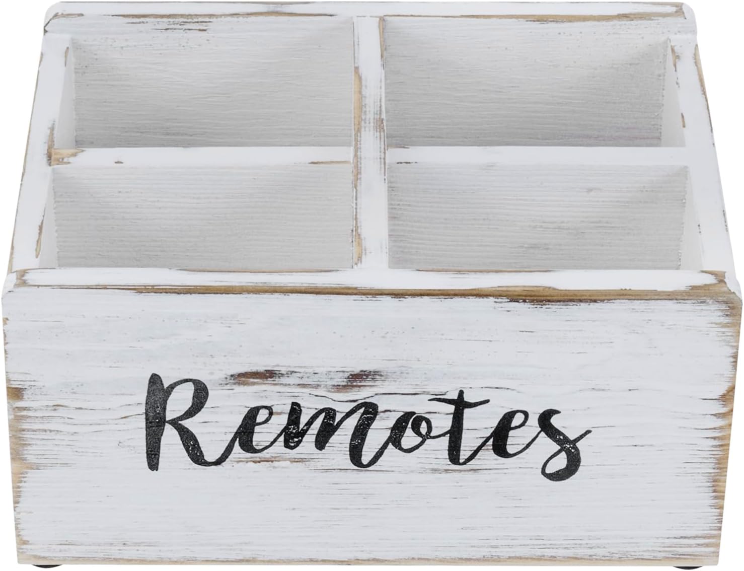 MyGift Wood Remote Control Holder Organizer with 4 Compartments, Media Remote Caddy Storage with Cursive REMOTES Design, Whitewashed