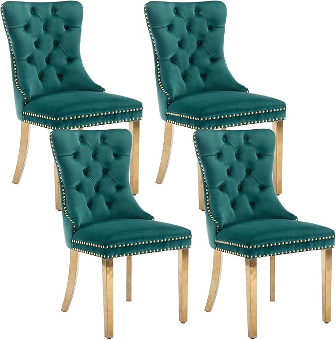 Velvet Dining Room Chairs Set of 4, Upholstered Dining Chairs with Back Ring Pull Trim and Golden Stainless Steel Legs,Modern Dining Chair Perfect for Dining Room,Living Room,Kitchen(Green)